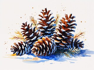 Winter pinecones with snow dust and golden light painting art design watercolor illustration on plain white background