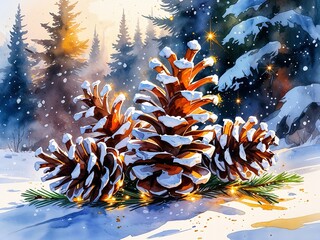 Winter pinecones with snow dust and golden light painting art design watercolor illustration on plain white background