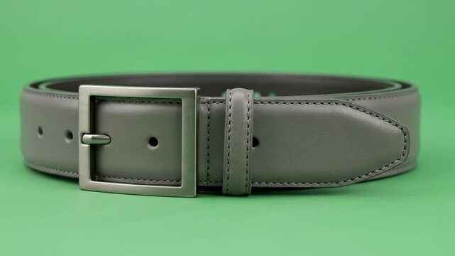 Stylish Grey Leather Belt with a Modern Silver Buckle on a Green Background.