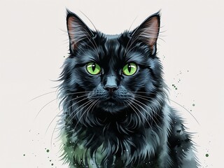 Black cat with shiny fur and bright green eyes painting art design watercolor illustration on plain white background