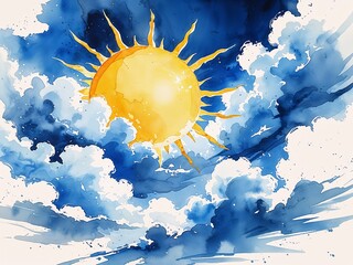 Bright yellow sun shining over blue sky with white clouds painting art design watercolor illustration on plain white background