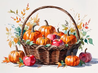 Brown wicker basket with orange pumpkins and red apples painting art design watercolor illustration on plain white background