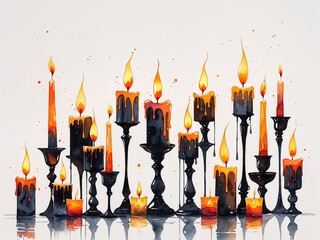Candles in black holders with dripping wax and glowing flame painting art design watercolor illustration on plain white background