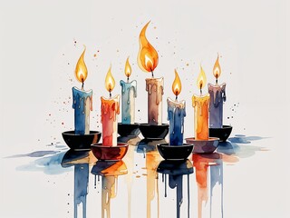 Candles in black holders with dripping wax and glowing flame painting art design watercolor illustration on plain white background