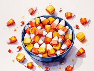 Candy corn pieces in orange yellow and white arranged in bowl painting art design watercolor illustration on plain white background