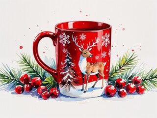 Ceramic red mug with snowflake and reindeer print painting art design watercolor illustration on plain white background