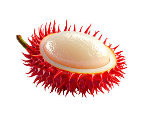 Cross-section of a rambutan fruit with red, spiky exterior