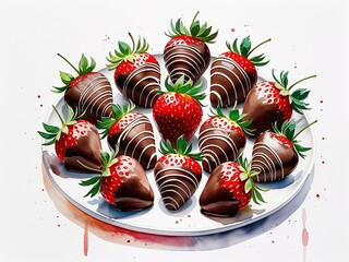 Chocolate covered strawberries arranged on white plate painting art design watercolor illustration on plain white background