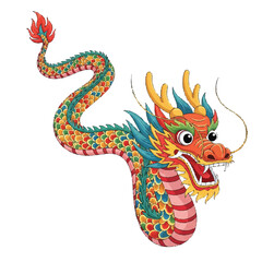 A colorful cartoon dragon with vibrant scales and a cute expression on its face against a clean white background.