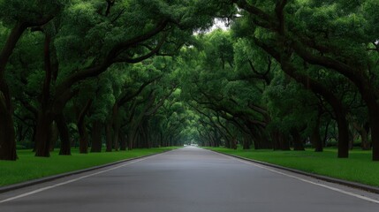 Obraz premium Serene Tree-Lined Road Surrounded by Lush Green Foliage during Daylight Hours, Inviting Scenic Pathway for Leisurely Walks or Drives