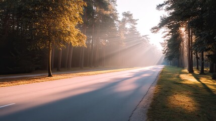 Serene Sunrise Over Empty Road Surrounded by Lush Trees and Soft Morning Light Filtering Through Forest Landscape