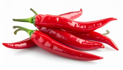 Pile of vibrant red chili peppers on a white background.