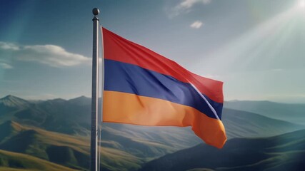 Armenian flag waving in the wind with mountain landscape
