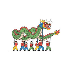 A colorful cartoon dragon is carried by a group of people in a lively procession against a clean white background with a vibrant and festive mood.