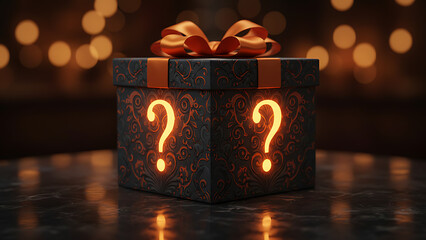 Dark gift box tied with orange ribbon features glowing question marks on sides. Abstract patterns adorn surface, suggesting mystery prize or unknown content. Mystery Gift & Promotional Marketing