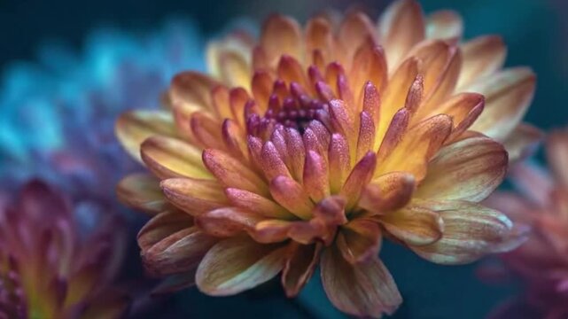 A mesmerizing macro close-up captures the intricate beauty of a vibrant floral bloom. Its multitude of delicate petals exhibit a stunning gradient of rich orange and golden yellow tones, seamlessly bl