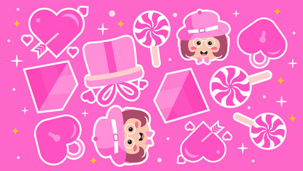 A bright pink energetic layout showcasing hearts pierced by cupid's arrows, lollipops, gift boxes, and a smiling girl character wearing a stylish hat
