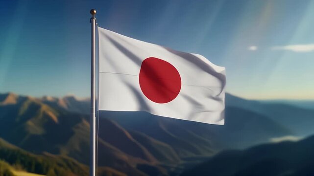 Japanese flag waving in mountains with sunny blue sky