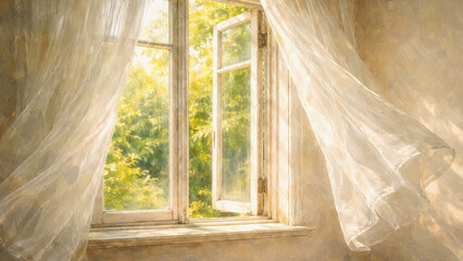 Soft Breeze Through an Open Window with Sheer Curtains &ndash; Oil Painting Style