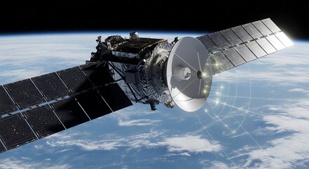 Artificial communications instrument orbits high above the planet surface transmitting data signals