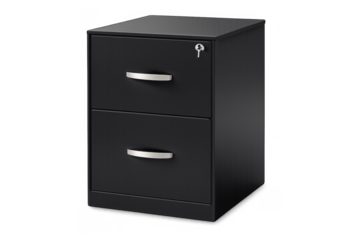Black two-drawer metal filing cabinet providing secure storage for files and documents in an office environment, transparent background