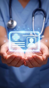 Health insurance medical business nurse holding glowing health card stethoscope in hands caring patient id hologram caregiver support protection trust hope
