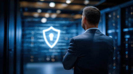 Businessman standing in server room facing glowing security shield icon, contemplative mood, blue lighting