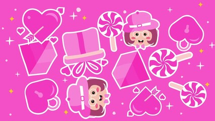 A bright pink energetic layout showcasing hearts pierced by cupid's arrows, lollipops, gift boxes, and a smiling girl character wearing a stylish hat
