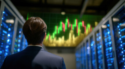 Businessman viewing green and red financial chart on large screen in server room, focused and contemplative