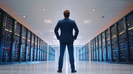 Man suit data center server room technology businessman back view aisle rack network IT infrastructure modern corridor blue
