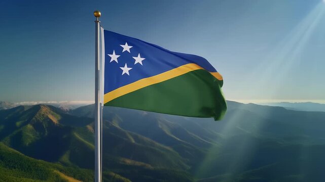 Solomon Islands flag waving in mountains