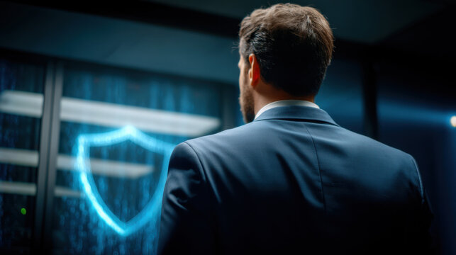 Man in suit facing glowing digital shield hologram in server room, confident protective cybersecurity scene - Powered by Adobe