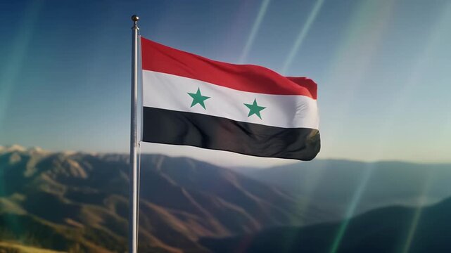 Syrian flag waving in the wind with a stunning mountain landscape