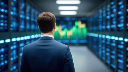 Businessman in suit viewing glowing data chart in server room, contemplative mood