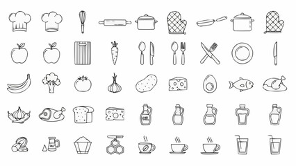 Collection of Hand Drawn Kitchen Utensils and Food Items Icons.