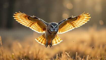 A magnificent owl soars gracefully through a golden, sun-drenched field with its powerful wings outstretched, beautifully backlit by the warm, glowing sunlight, showcasing its majestic flight.