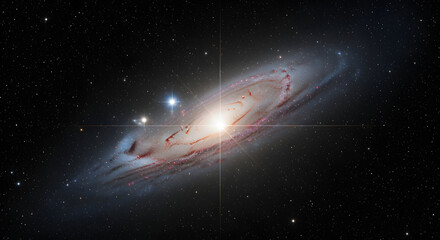 A celestial image shows a spiral galaxy's glowing core and swirling arms, speckled with bright stars against a black backdrop