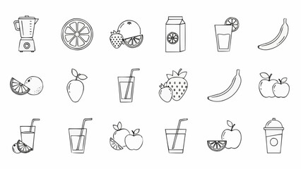 Collection of fresh fruit and juice icons in a simple line art style.