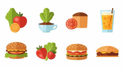 Collection of fresh food and drink icons for healthy eating.