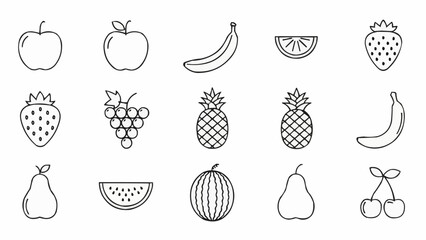 Collection of Hand Drawn Fruit Icons in Outline Style.