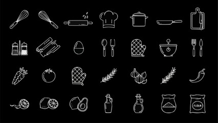 Collection of hand drawn kitchen utensils and food ingredients.