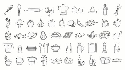 Collection of Hand Drawn Kitchen Utensils and Food Items.