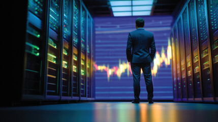 Businessman in data center corridor viewing glowing financial chart projections, contemplative ambient lighting