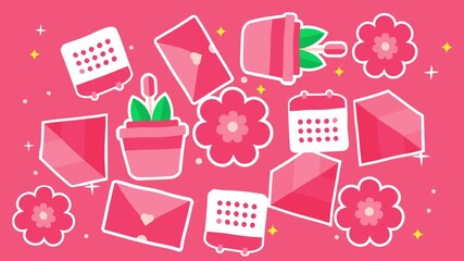 A functional yet cute pink display containing calendars envelopes potted tulips and floral blooms on a bright rose background