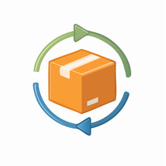 Package delivery illustration with circular arrows indicating return and shipping cycle