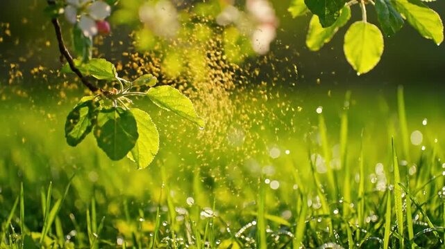 Pollen drifting from blossoming trees spring Source of pollen in motion, gentle release from branches. A mesmerizing and hyper