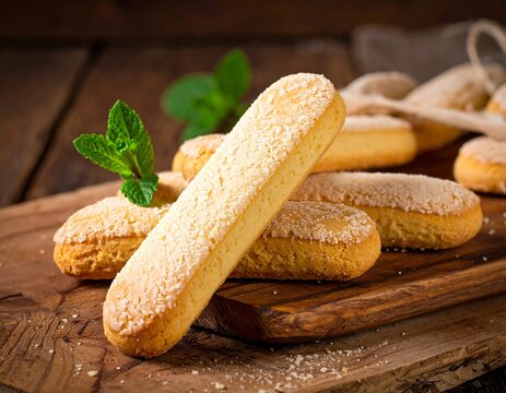 Close-up of golden, oblong biscuits atop a wooden cutting board with a sprig of mint. Background shows more biscuits