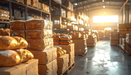 Interior perspective of a well-lit food storage area, stacked with boxes, pallets, and baked goods