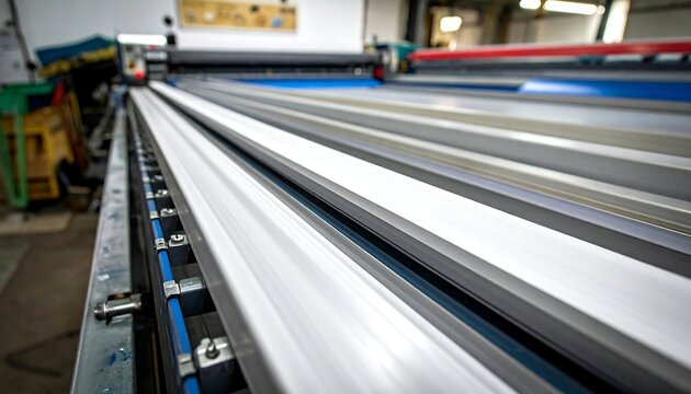 Close-up of industrial machinery displaying parallel, metallic bars on a workbench with a blurred background
