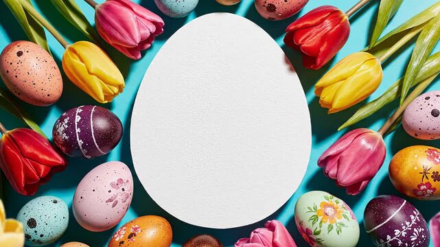 A vibrant, overhead flat lay displays a pristine white oval, offering generous copy space, beautifully framed by an assortment of colorful, intricately decorated eggs and fresh, blooming tulips in liv